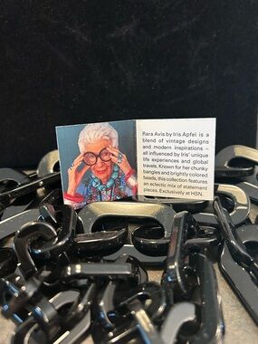 Rara Avis by Iris Apfel Black Lucite Chain Link Necklace with Brand Engraving